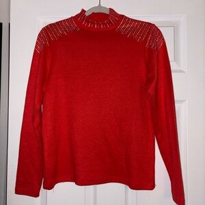 Elegant Red Turtleneck Sweater with Embellished Shoulders